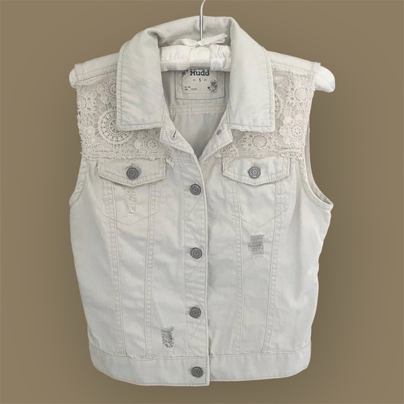 Mudd Crochet Lace Accent Denim Vest Festival Boho Cottagecore Size Small - Picture 2 of 11